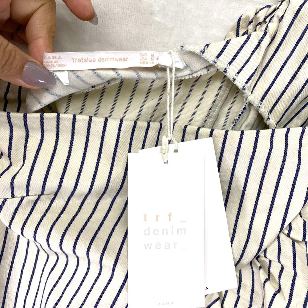 ZARA Denim Dress One Shoulder Ruffle Striped Ivory Blue Bodycon Sz M - Picture 4 of 8